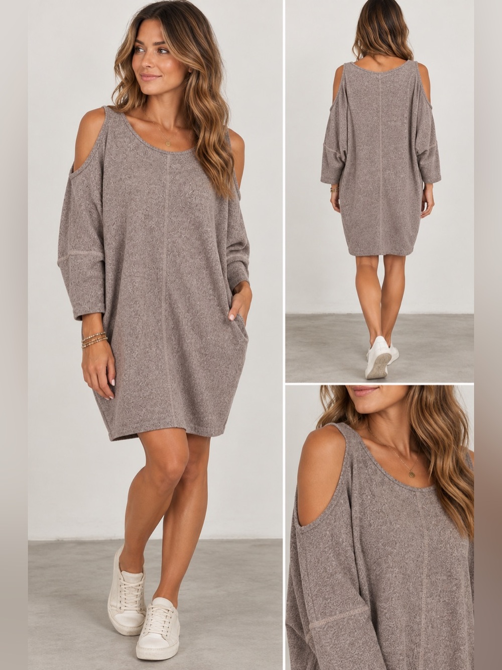 Bobeau Taupe Cold-Shoulder Relaxed Knit Mini Dress XS